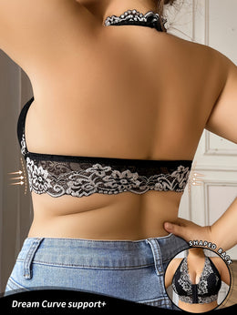 jkthpu-45 Women's Plus Size Black Lace camisole top - Elegant Backless blouse with Front Closure, Soft Stretchy fabric, No Underwire Bras Needed for Formal, Party, Everyday Outfits - One-Piece Lace Lingerie Blouse, Lace Blouse, Formal Attire, Removable Padding