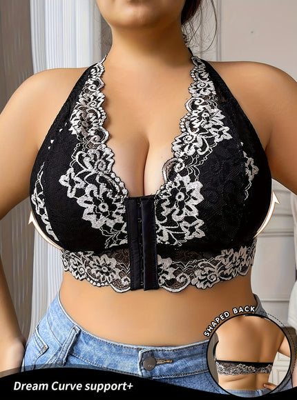 jkthpu-45 Women's Plus Size Black Lace camisole top - Elegant Backless blouse with Front Closure, Soft Stretchy fabric, No Underwire Bras Needed for Formal, Party, Everyday Outfits - One-Piece Lace Lingerie Blouse, Lace Blouse, Formal Attire, Removable Padding