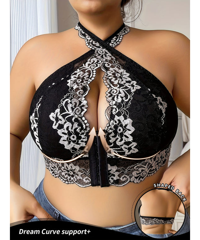 jkthpu-45 Women's Plus Size Black Lace camisole top - Elegant Backless blouse with Front Closure, Soft Stretchy fabric, No Underwire Bras Needed for Formal, Party, Everyday Outfits - One-Piece Lace Lingerie Blouse, Lace Blouse, Formal Attire, Removable Padding