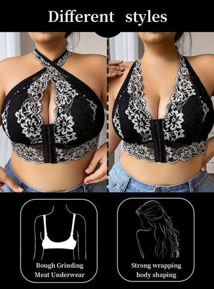 jkthpu-45 Women's Plus Size Black Lace camisole top - Elegant Backless blouse with Front Closure, Soft Stretchy fabric, No Underwire Bras Needed for Formal, Party, Everyday Outfits - One-Piece Lace Lingerie Blouse, Lace Blouse, Formal Attire, Removable Padding