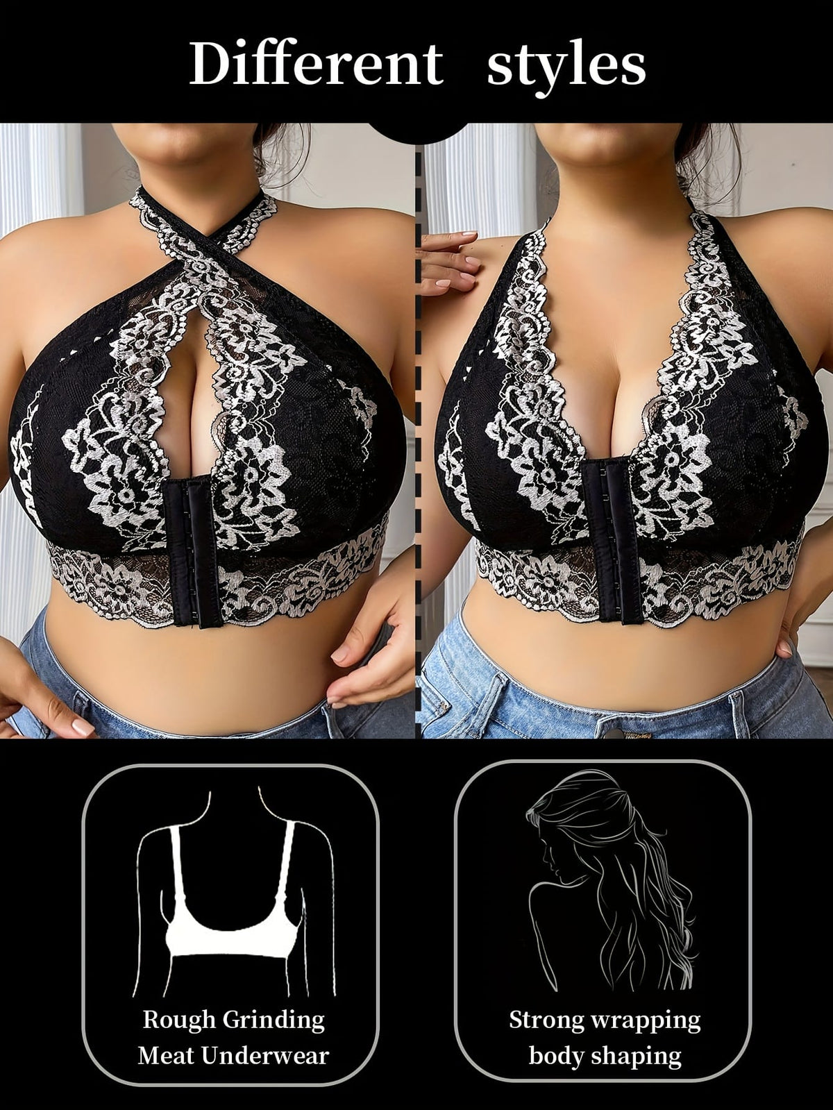 jkthpu-45 Women's Plus Size Black Lace camisole top - Elegant Backless blouse with Front Closure, Soft Stretchy fabric, No Underwire Bras Needed for Formal, Party, Everyday Outfits - One-Piece Lace Lingerie Blouse, Lace Blouse, Formal Attire, Removable Padding