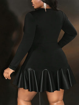 jkthpu-45 Women'S Plus Size Black Midi Dress with High Neckline - Long Sleeve, Fitted, Non-Stretch Fabric, Perfect for Spring & Fall, Casual Dress|Fitted Midi Dress|Nonstretch Fabri