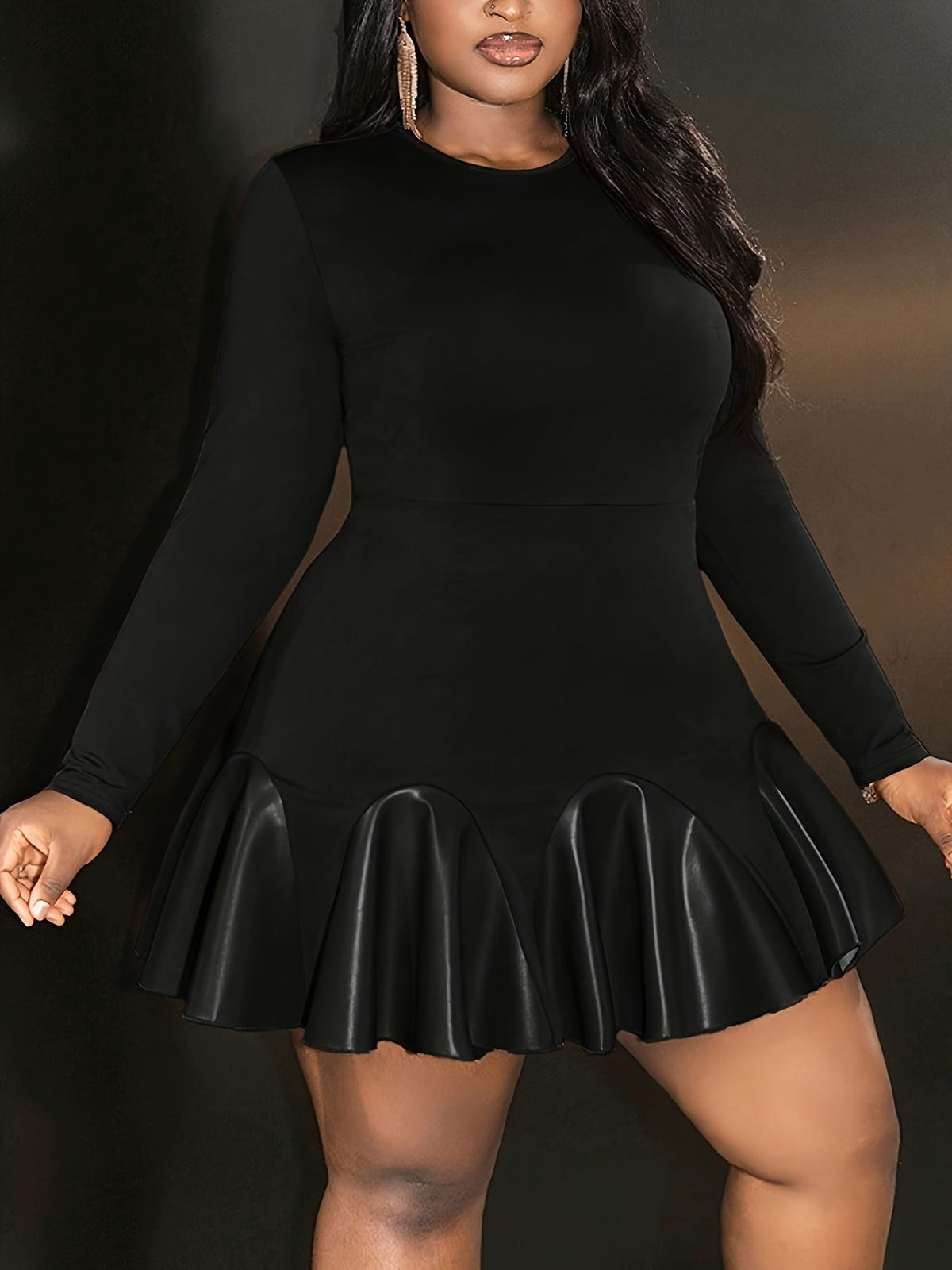 jkthpu-45 Women'S Plus Size Black Midi Dress with High Neckline - Long Sleeve, Fitted, Non-Stretch Fabric, Perfect for Spring & Fall, Casual Dress|Fitted Midi Dress|Nonstretch Fabri