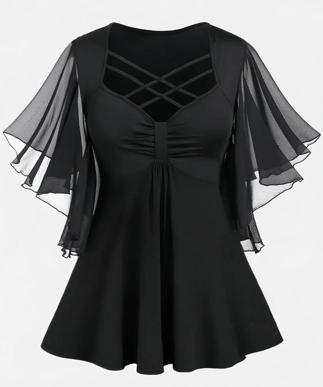 Dropshipman Women's Plus Size Blouses Crisscross Strappy Chiffon Butterfly Sleeve Shirts and Blouses for Lady Short Sleeve Ruched Top Summer