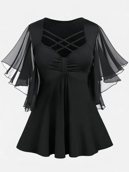 Dropshipman Women's Plus Size Blouses Crisscross Strappy Chiffon Butterfly Sleeve Shirts and Blouses for Lady Short Sleeve Ruched Top Summer