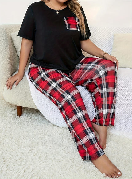 jkthpu-45 Women'S Plus Size Bowknot Plaid Pajama Set -