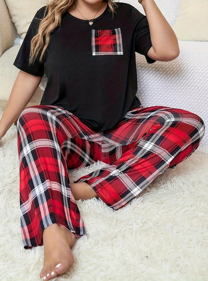 jkthpu-45 Women'S Plus Size Bowknot Plaid Pajama Set -