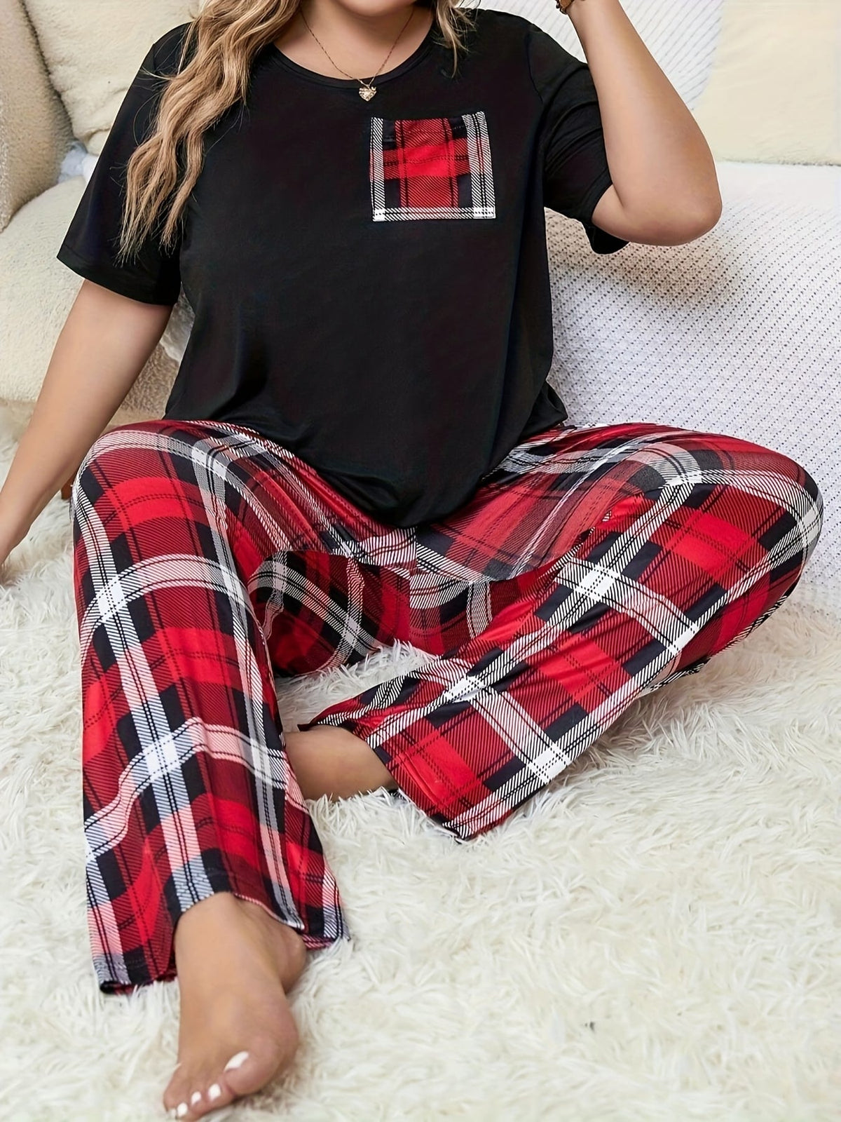 jkthpu-45 Women'S Plus Size Bowknot Plaid Pajama Set -
