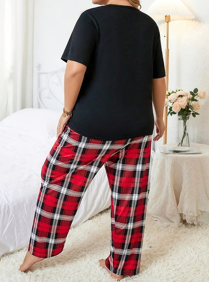 jkthpu-45 Women'S Plus Size Bowknot Plaid Pajama Set -