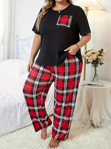jkthpu-45 Women'S Plus Size Bowknot Plaid Pajama Set -