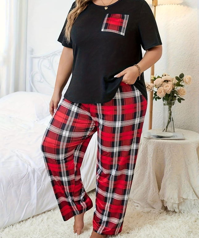 jkthpu-45 Women'S Plus Size Bowknot Plaid Pajama Set -