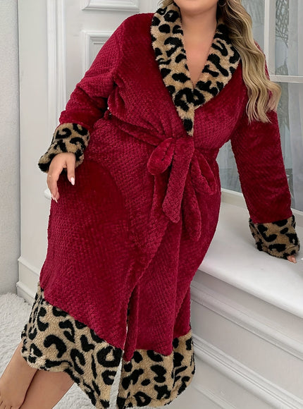 KissICON Women's Plus Size Burgundy Leopard Print Long Robe