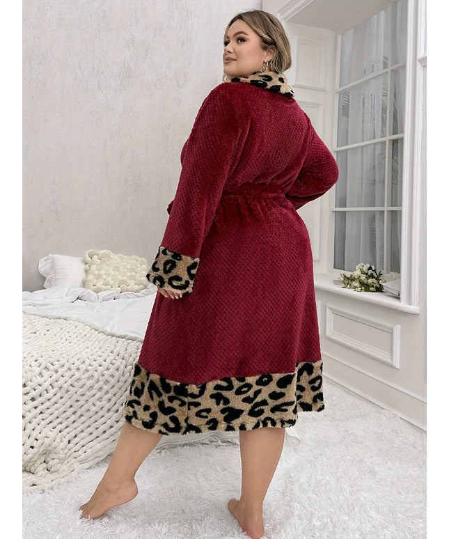 KissICON Women's Plus Size Burgundy Leopard Print Long Robe
