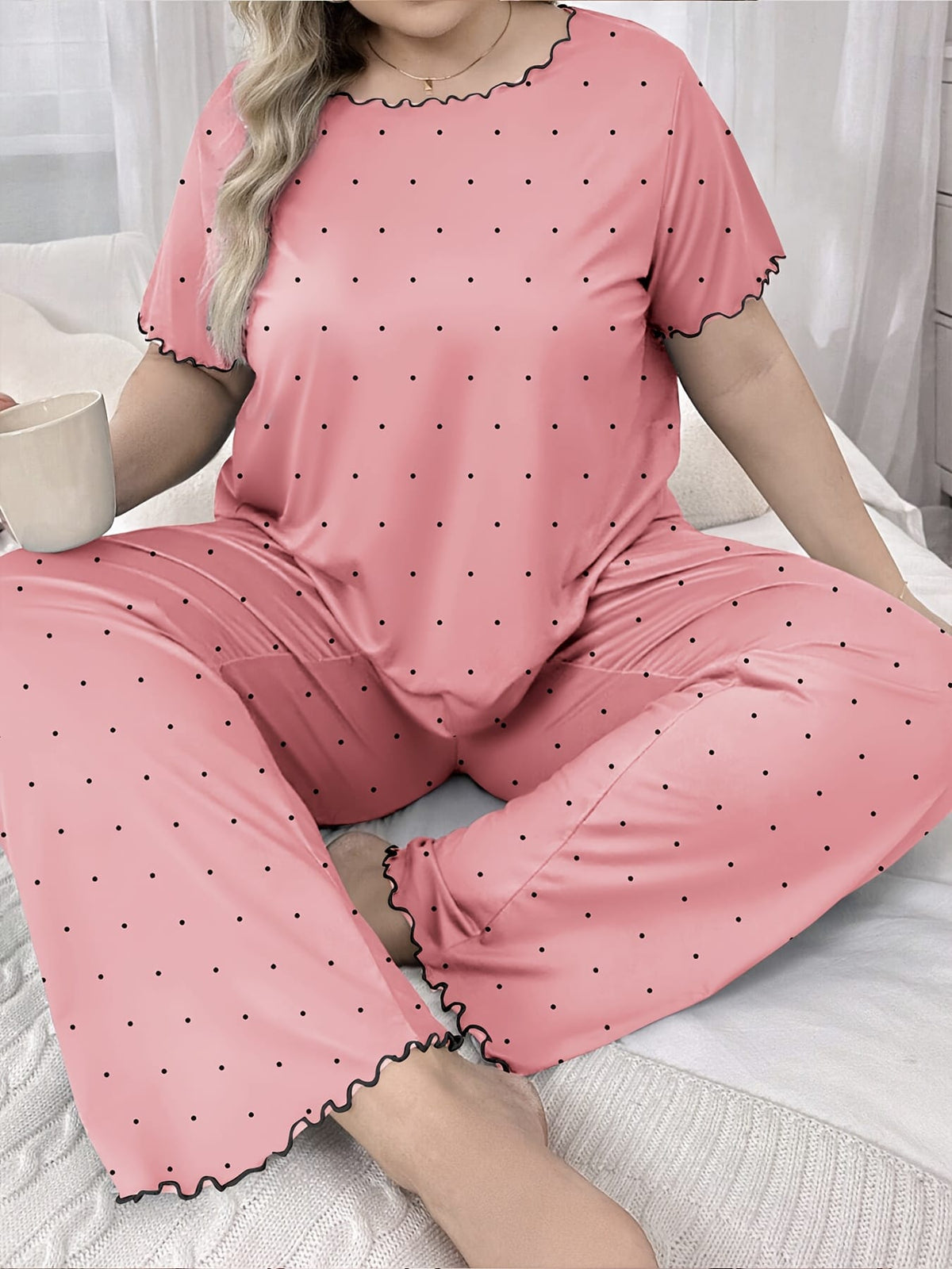 jkthpu-45 Women'S Plus Size Cartoon Polka Dot Pajama Set