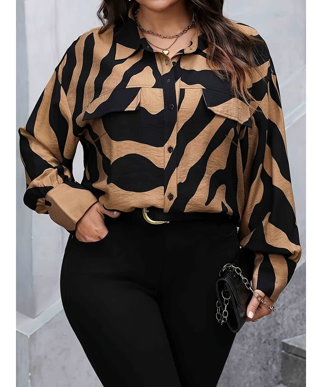 KissICON Women's Plus Size Casual Long Sleeve Striped Print Button-Up Shirt - Loose Fit, Black & Tan Animal Print, Turn- Collar, Machine Washable, Summer Style