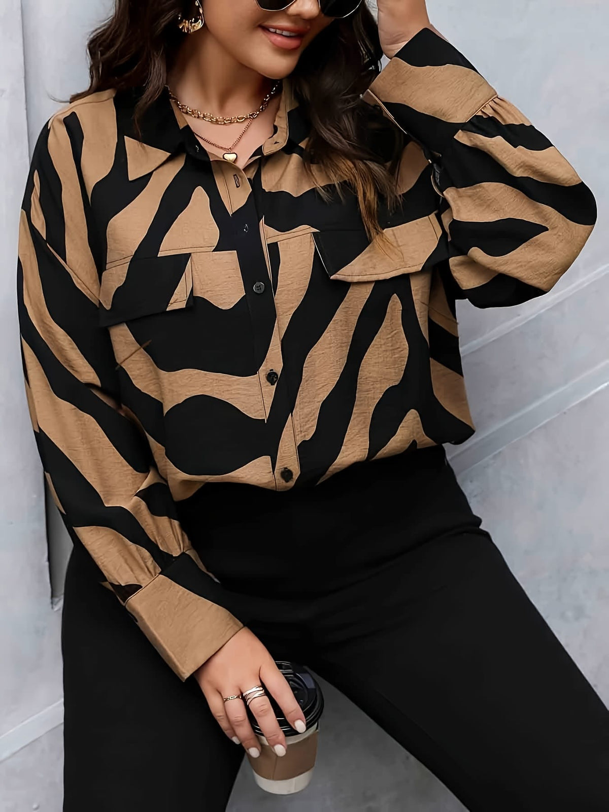 KissICON Women's Plus Size Casual Long Sleeve Striped Print Button-Up Shirt - Loose Fit, Black & Tan Animal Print, Turn- Collar, Machine Washable, Summer Style