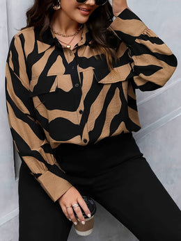 KissICON Women's Plus Size Casual Long Sleeve Striped Print Button-Up Shirt - Loose Fit, Black & Tan Animal Print, Turn- Collar, Machine Washable, Summer Style