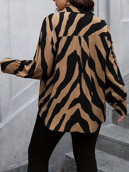 KissICON Women's Plus Size Casual Long Sleeve Striped Print Button-Up Shirt - Loose Fit, Black & Tan Animal Print, Turn- Collar, Machine Washable, Summer Style