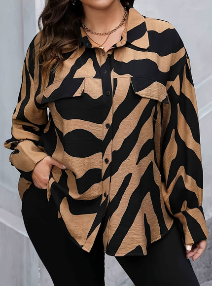 KissICON Women's Plus Size Casual Long Sleeve Striped Print Button-Up Shirt - Loose Fit, Black & Tan Animal Print, Turn- Collar, Machine Washable, Summer Style