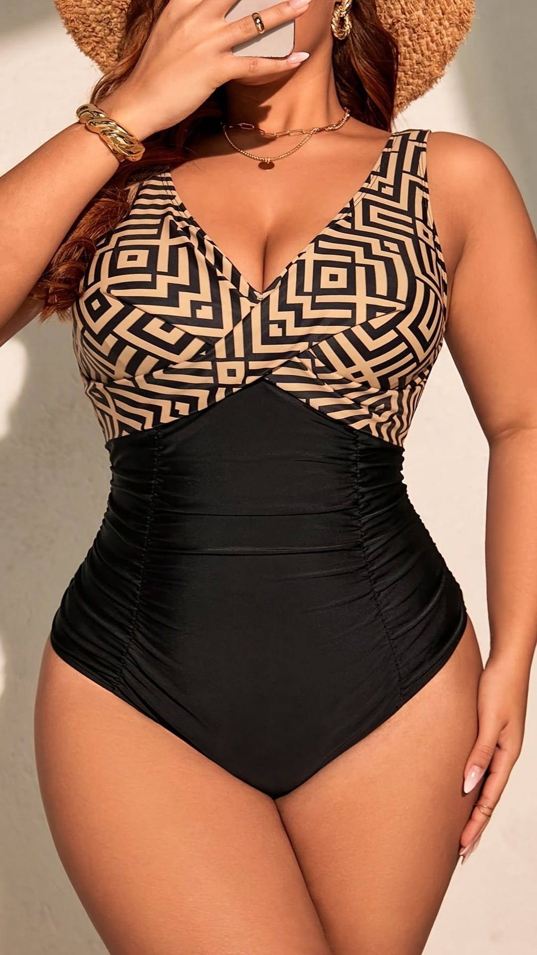 jkthpu-45 Women's Plus Size Casual Plaid Print One-Piece Swimsuit