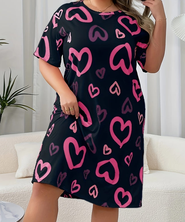 jkthpu-45 Women's Plus Size Casual Sleep Dress with Black & Pink Heart Pattern - Short Sleeve Round Neck Lounge Nightgown, Machine Washable All-Season Comfort, Sleepwear, Comfortable Nightwear, Easycare Fabric