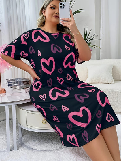 jkthpu-45 Women's Plus Size Casual Sleep Dress with Black & Pink Heart Pattern - Short Sleeve Round Neck Lounge Nightgown, Machine Washable All-Season Comfort, Sleepwear, Comfortable Nightwear, Easycare Fabric