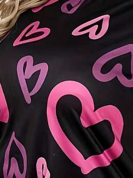 jkthpu-45 Women's Plus Size Casual Sleep Dress with Black & Pink Heart Pattern - Short Sleeve Round Neck Lounge Nightgown, Machine Washable All-Season Comfort, Sleepwear, Comfortable Nightwear, Easycare Fabric