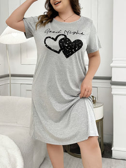 jkthpu-45 Women'S Plus Size Casual Sleepshirt Dress with Heart Print - Soft Polyester, Short Sleeve, Round Neck, Easy Care, All-Season Comfort, Gray, Casual Wear Dress | Playful Print Dress | Comfortable Fit, Plus Size Dress