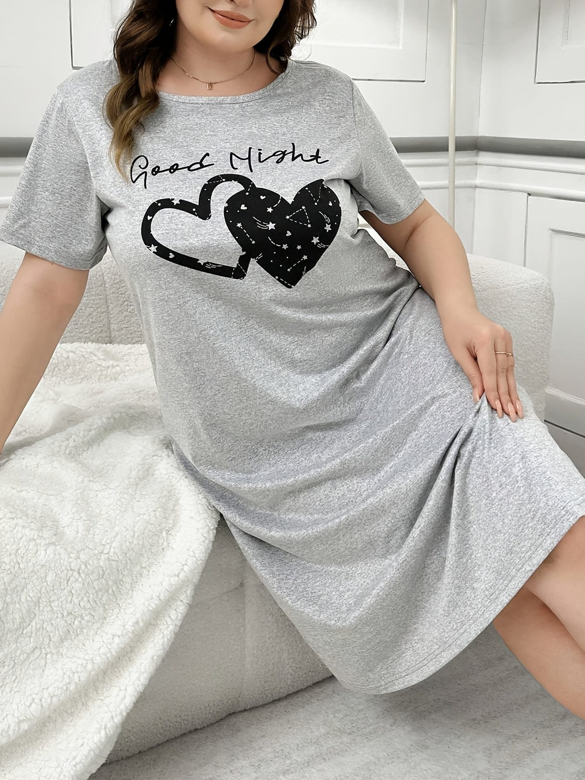 jkthpu-45 Women'S Plus Size Casual Sleepshirt Dress with Heart Print - Soft Polyester, Short Sleeve, Round Neck, Easy Care, All-Season Comfort, Gray, Casual Wear Dress | Playful Print Dress | Comfortable Fit, Plus Size Dress