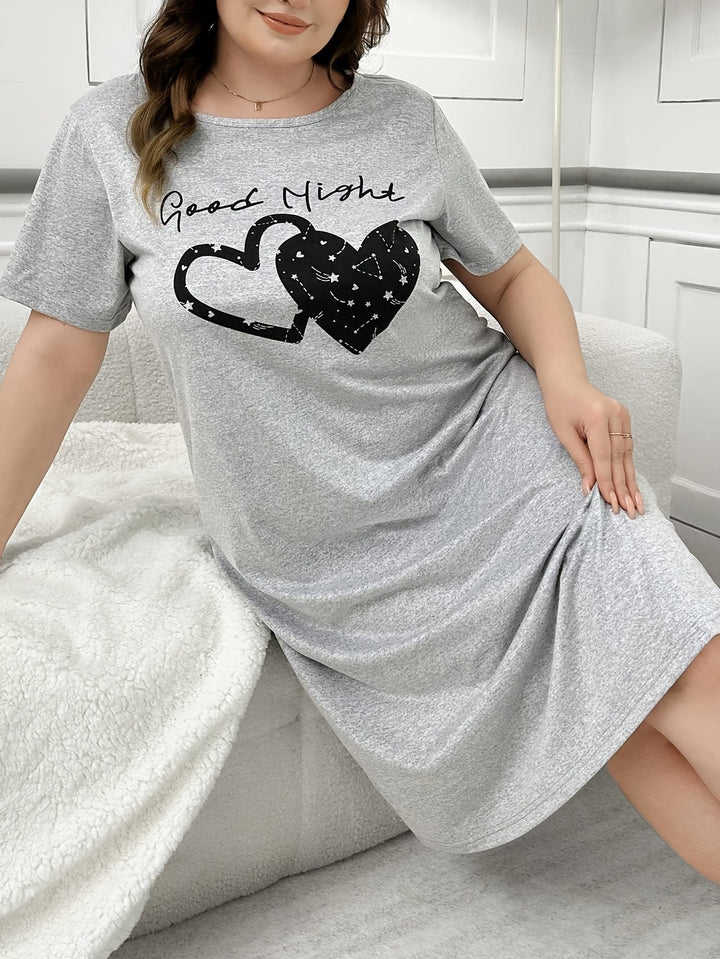 Women'S Plus Size Casual Sleepshirt Dress with Heart Print - Soft Polyester, Short Sleeve, Round Neck, Easy Care, All-Season Comfort, Gray, Casual Wear Dress | Playful Print Dress | Comfortable Fit, Plus Size Dress