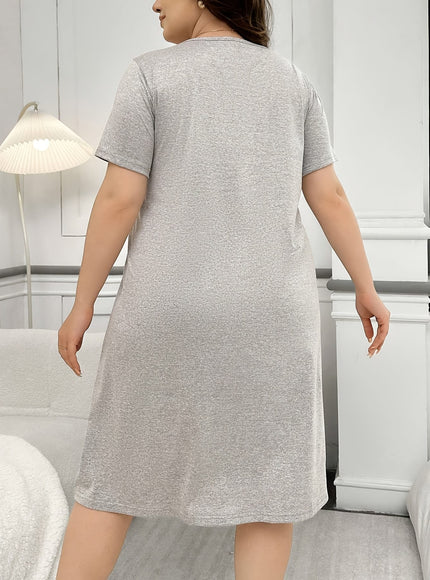jkthpu-45 Women'S Plus Size Casual Sleepshirt Dress with Heart Print - Soft Polyester, Short Sleeve, Round Neck, Easy Care, All-Season Comfort, Gray, Casual Wear Dress | Playful Print Dress | Comfortable Fit, Plus Size Dress