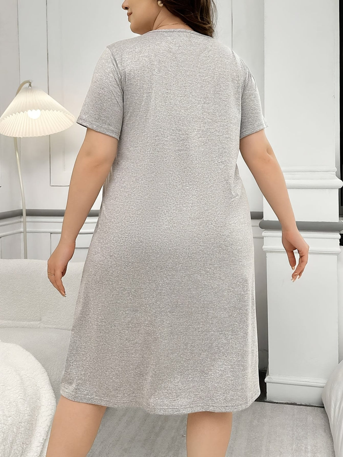 jkthpu-45 Women'S Plus Size Casual Sleepshirt Dress with Heart Print - Soft Polyester, Short Sleeve, Round Neck, Easy Care, All-Season Comfort, Gray, Casual Wear Dress | Playful Print Dress | Comfortable Fit, Plus Size Dress