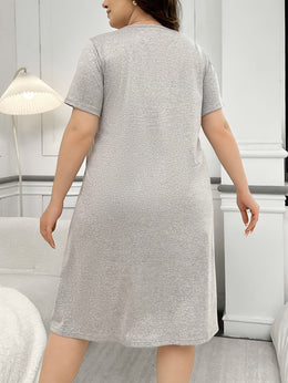 jkthpu-45 Women'S Plus Size Casual Sleepshirt Dress with Heart Print - Soft Polyester, Short Sleeve, Round Neck, Easy Care, All-Season Comfort, Gray, Casual Wear Dress | Playful Print Dress | Comfortable Fit, Plus Size Dress
