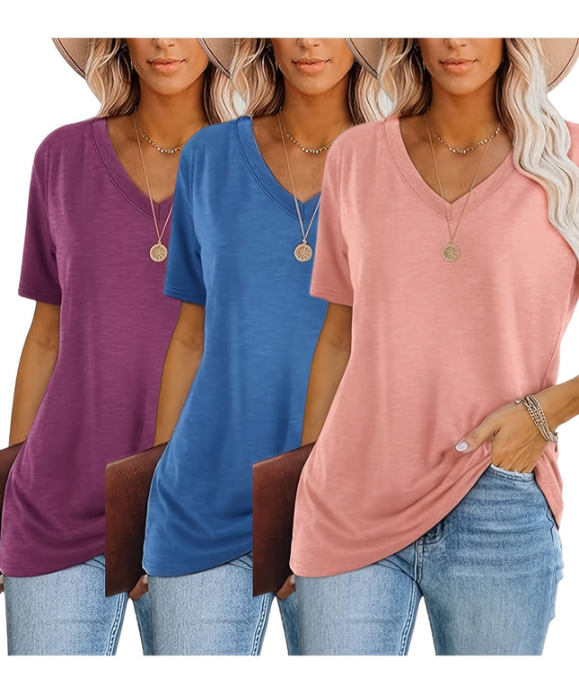 KissICON Women'S Plus Size Casual T-Shirt Set - 3pcs, V-Neck, Short Sleeve, Lightweight & Stretchy, All-Season Comfort, Casual Wear|Vneck Tshirt|Lightweight Fabric