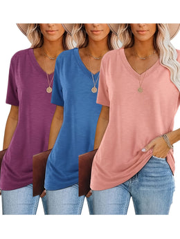KissICON Women'S Plus Size Casual T-Shirt Set - 3pcs, V-Neck, Short Sleeve, Lightweight & Stretchy, All-Season Comfort, Casual Wear|Vneck Tshirt|Lightweight Fabric