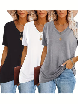 KissICON Women'S Plus Size Casual T-Shirt Set - 3pcs, V-Neck, Short Sleeve, Lightweight & Stretchy, All-Season Comfort, Casual Wear|Vneck Tshirt|Lightweight Fabric