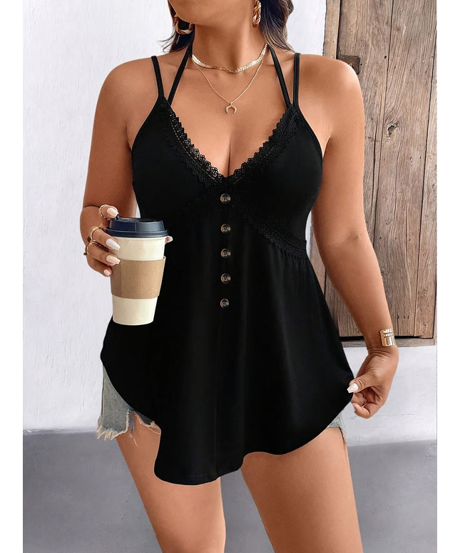 KissICON Women's Plus Size Contrast Lace Trim V-Neck Spaghetti