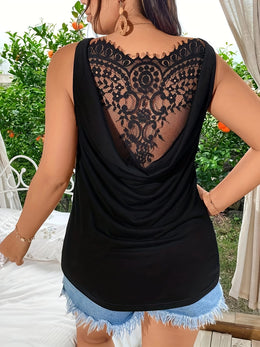 KissICON Women's Plus Size Elegant Black Lace-Trimmed Tank Top