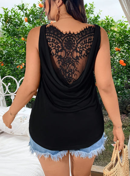 KissICON Women's Plus Size Elegant Black Lace-Trimmed Tank Top