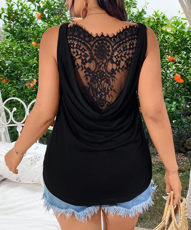 KissICON Women's Plus Size Elegant Black Lace-Trimmed Tank Top