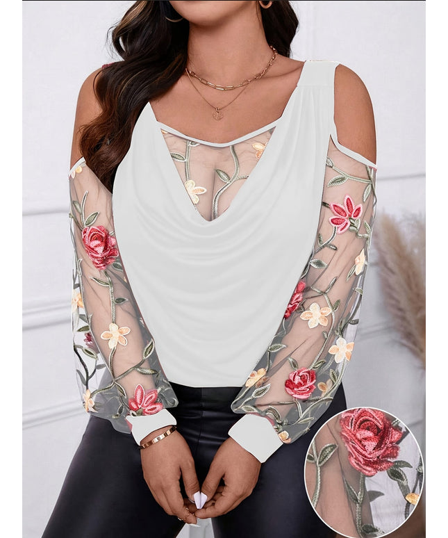 jkthpu-45 Women's Plus Size Elegant Casual Off-Shoulder Long Sleeve T-Shirt - Floral Embroidery & Lace Trim, Stretchy Fabric, Black with Multicolor Flowers, Spring Summer Fall Top, Seasonal Fashion, Feminine Style, Comfortable Fit, Embroidered Blouse, Fashion Lover