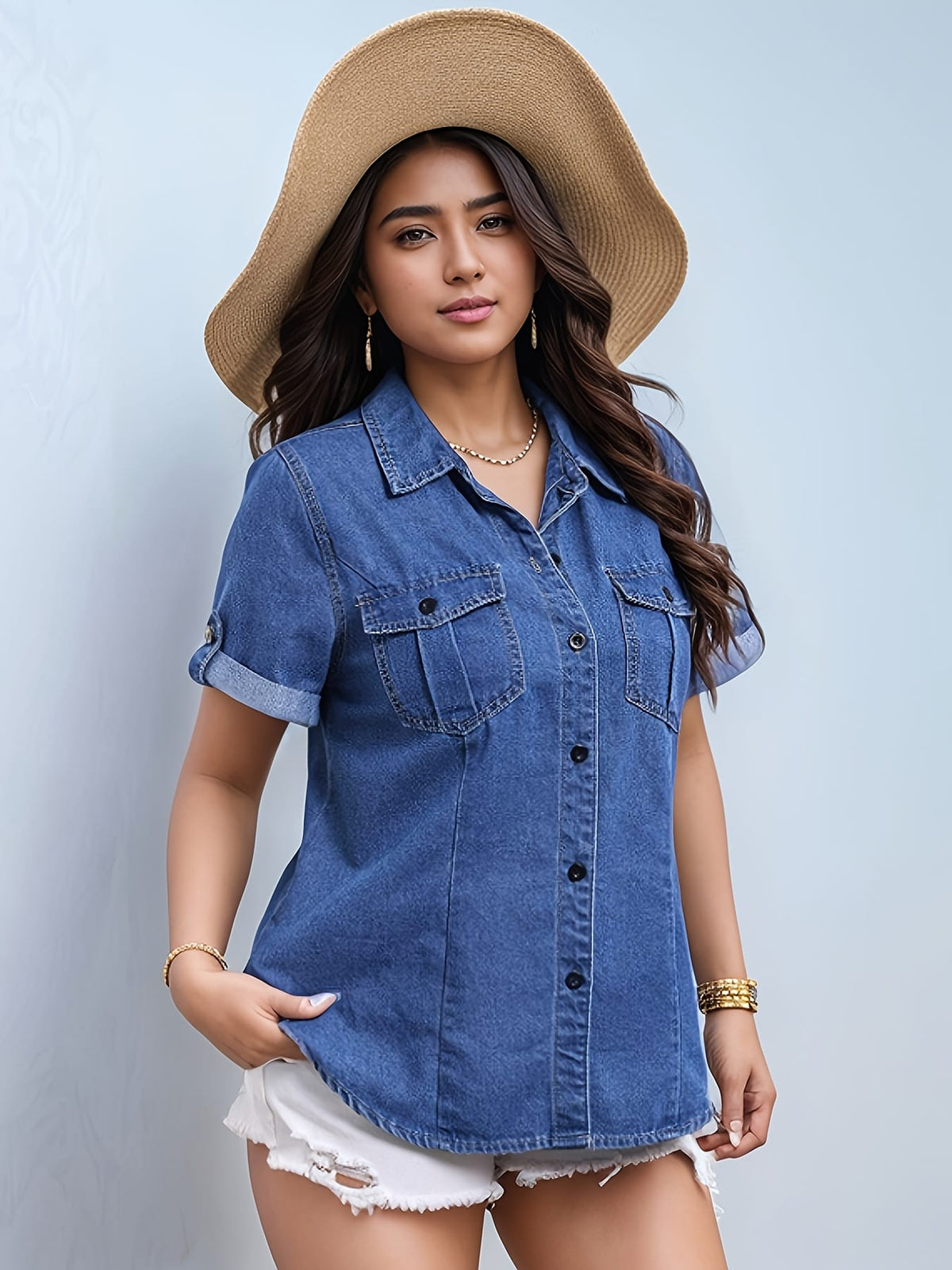 KissICON Women's Plus Size Elegant Denim Style Short Sleeve Shirt with Flap Pocket, Fashion Button-Up Top, Workwear Denim Blouse, Summer Fashion, Spring Wardrobe, Buttonup Blouse, Classic Design, Nonstretch Material, Durable Fabric, W