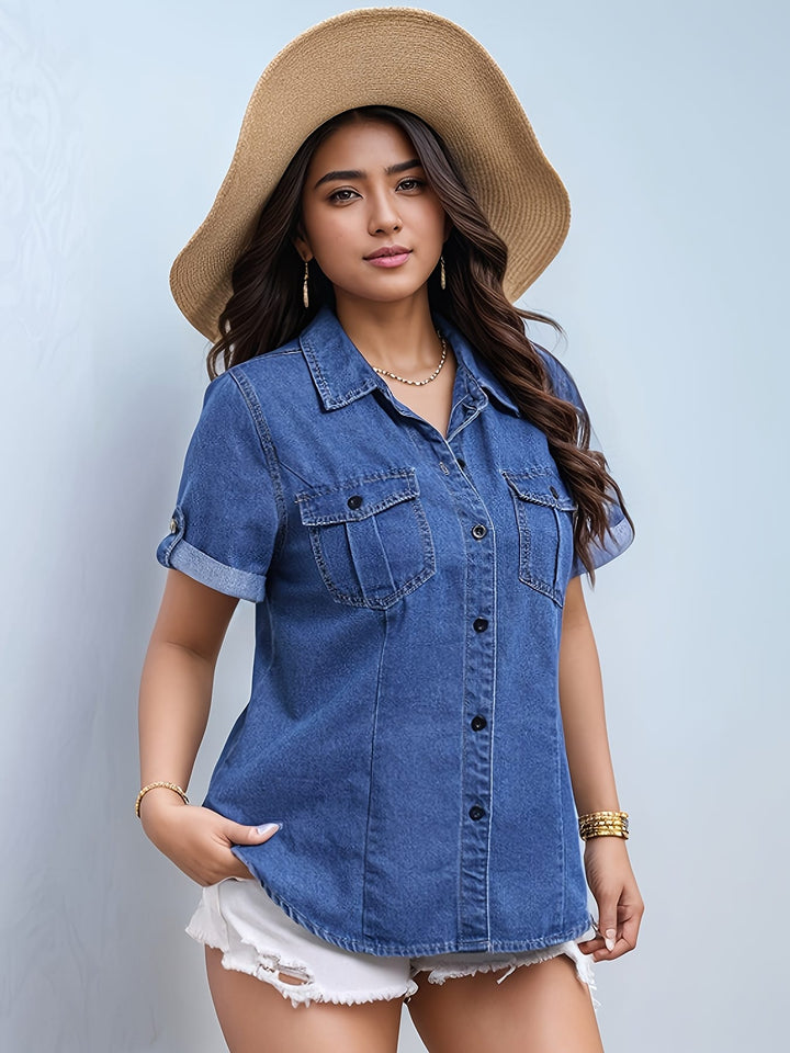 Women's Plus Size Elegant Denim Style Short Sleeve Shirt with Flap Pocket, Fashion Button-Up Top, Workwear Denim Blouse, Summer Fashion, Spring Wardrobe, Buttonup Blouse, Classic Design, Nonstretch Material, Durable Fabric, W