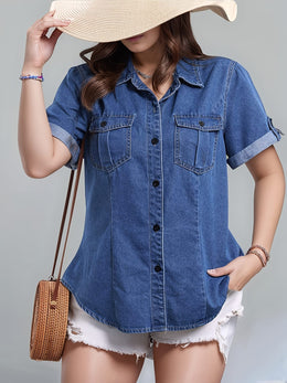 KissICON Women's Plus Size Elegant Denim Style Short Sleeve Shirt with Flap Pocket, Fashion Button-Up Top, Workwear Denim Blouse, Summer Fashion, Spring Wardrobe, Buttonup Blouse, Classic Design, Nonstretch Material, Durable Fabric, W
