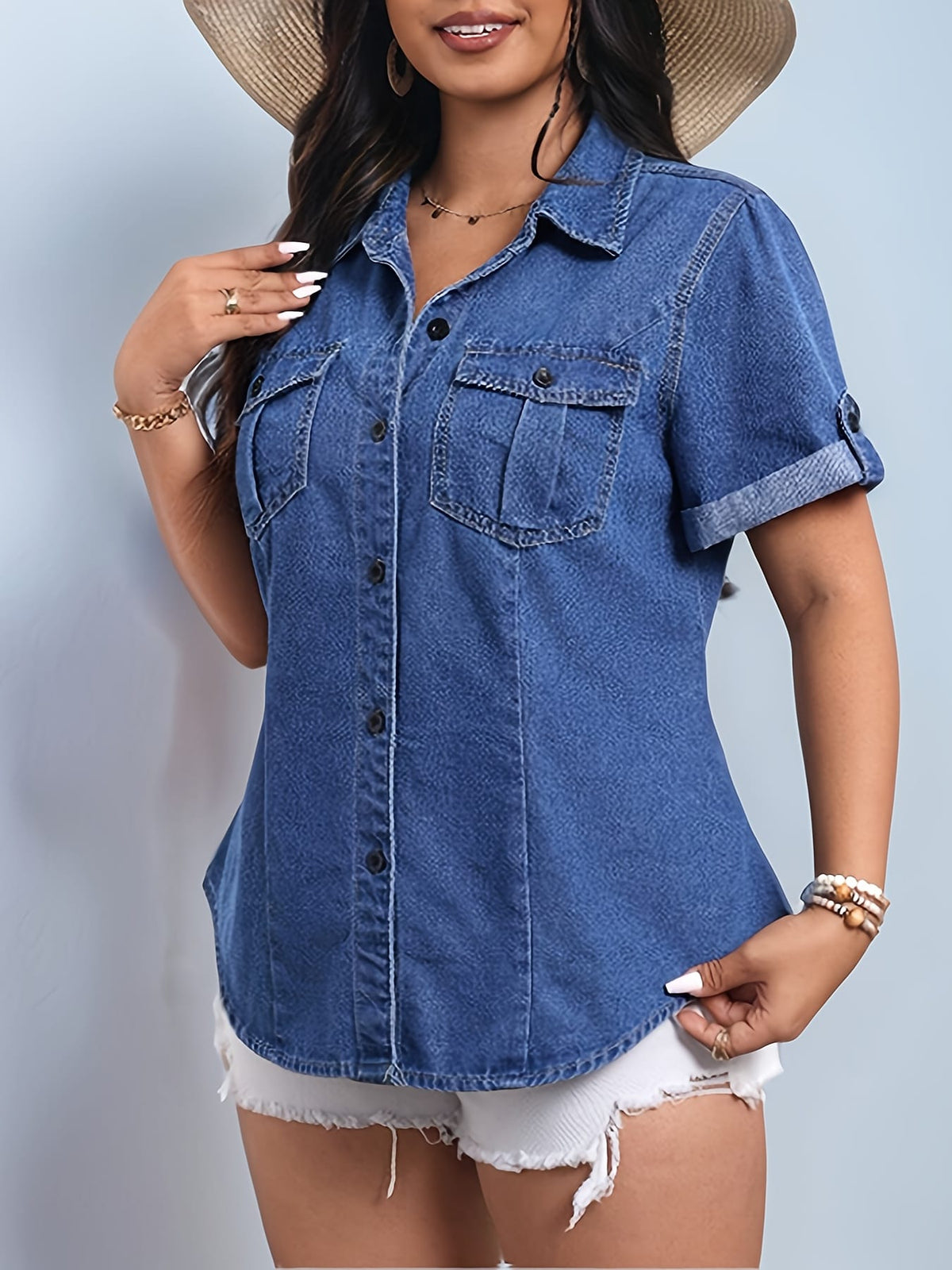KissICON Women's Plus Size Elegant Denim Style Short Sleeve Shirt with Flap Pocket, Fashion Button-Up Top, Workwear Denim Blouse, Summer Fashion, Spring Wardrobe, Buttonup Blouse, Classic Design, Nonstretch Material, Durable Fabric, W