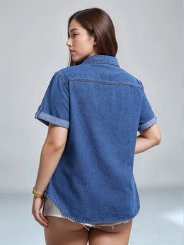 KissICON Women's Plus Size Elegant Denim Style Short Sleeve Shirt with Flap Pocket, Fashion Button-Up Top, Workwear Denim Blouse, Summer Fashion, Spring Wardrobe, Buttonup Blouse, Classic Design, Nonstretch Material, Durable Fabric, W