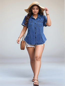 KissICON Women's Plus Size Elegant Denim Style Short Sleeve Shirt with Flap Pocket, Fashion Button-Up Top, Workwear Denim Blouse, Summer Fashion, Spring Wardrobe, Buttonup Blouse, Classic Design, Nonstretch Material, Durable Fabric, W