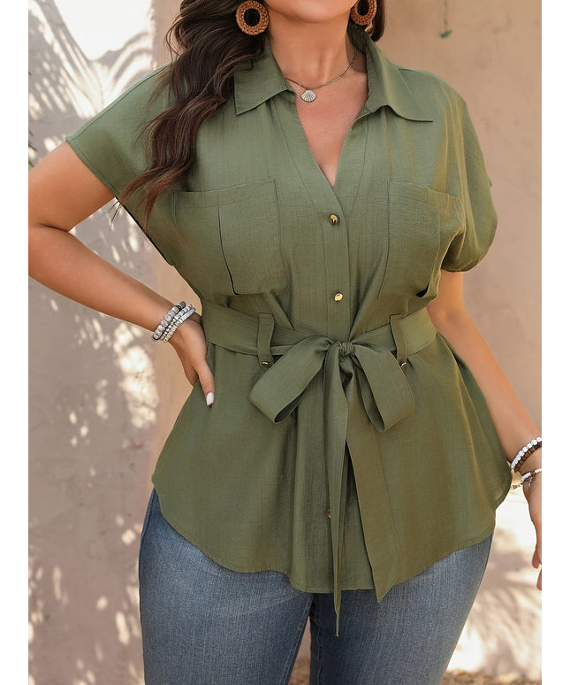 KissICON Women'S Plus Size Elegant French-Inspired Blouse - Short Sleeve, V-Neck with Tie Waist, Solid Color, Button Detail, Casual to Vacation Wear, Casual Attire | Elegant Casualwear | Nonpocket Blous