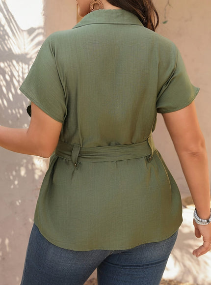KissICON Women'S Plus Size Elegant French-Inspired Blouse - Short Sleeve, V-Neck with Tie Waist, Solid Color, Button Detail, Casual to Vacation Wear, Casual Attire | Elegant Casualwear | Nonpocket Blous