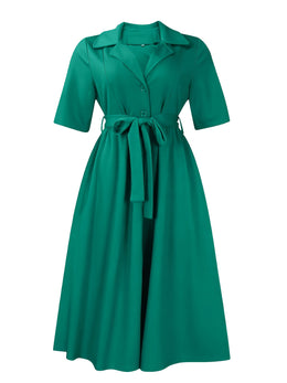 jkthpu-45 Women'S Plus Size Elegant Green Midi Dress with Fitted Waist and Short Sleeves - Perfect for Spring, Summer, and Fall, Casual Attire|Elegant Midi Dress|Polyester Fabri
